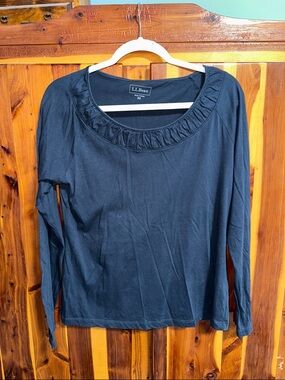 L.L. Bean Navy Long-Sleeve Scoop Neck Top with Ruffle Trim
